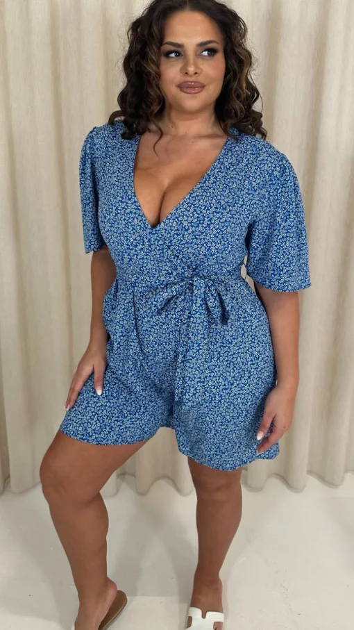 CurveWow Wrap Tie Waist Playsuit Blue
