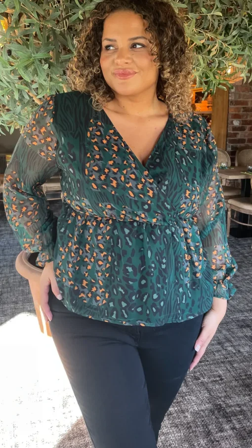 CurveWow Wrap Top Green Leopard