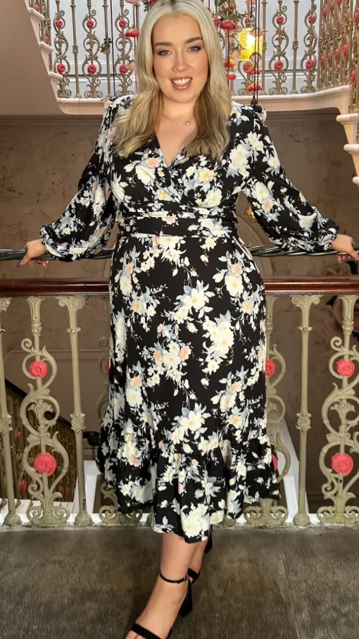 CurveWow Wrap Waist Tiered Hem Midi Dress Black Floral