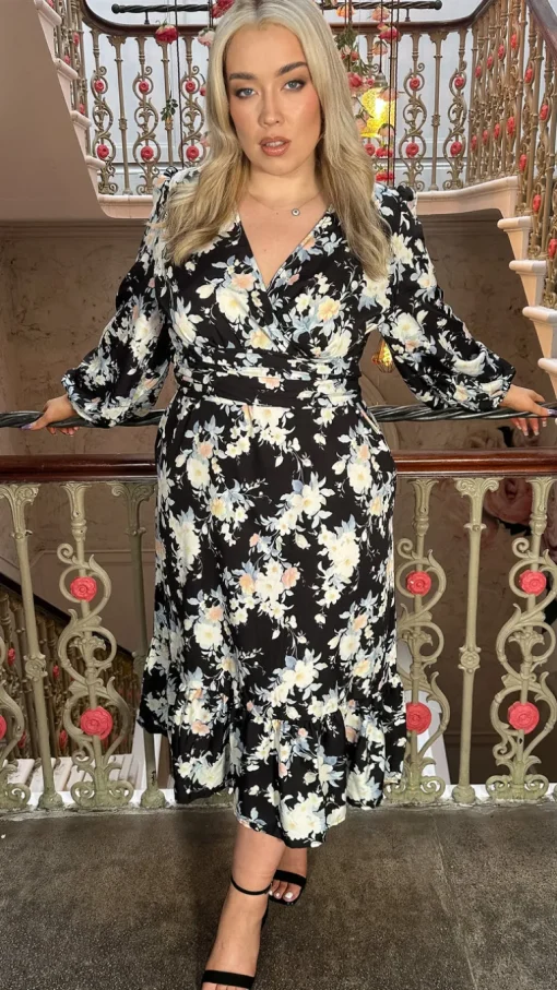 CurveWow Wrap Waist Tiered Hem Midi Dress Black Floral