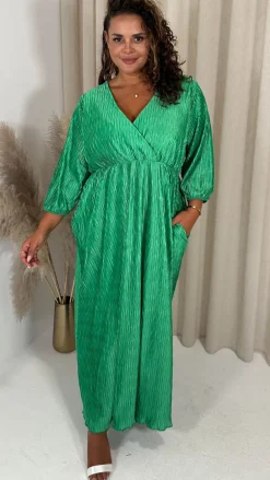 CurveWow Zigzag Plisse Balloon Sleeve Maxi Dress Green