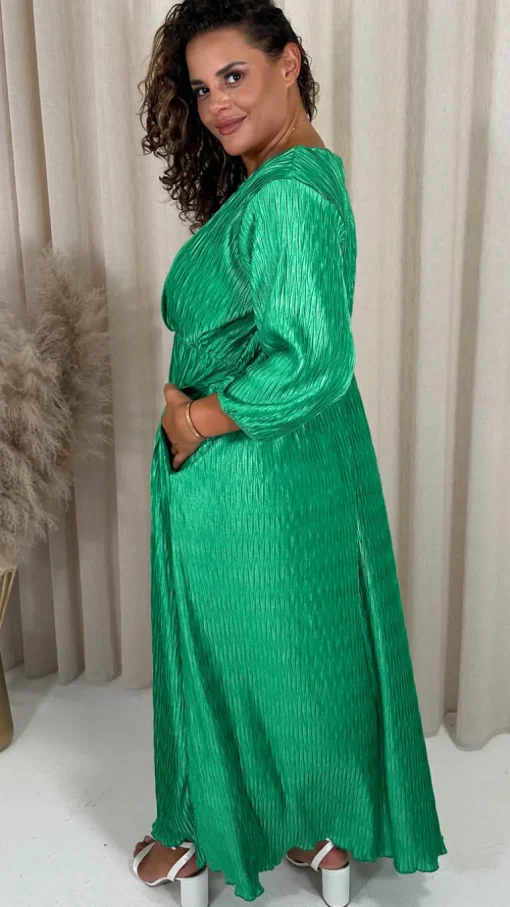 CurveWow Zigzag Plisse Balloon Sleeve Maxi Dress Green