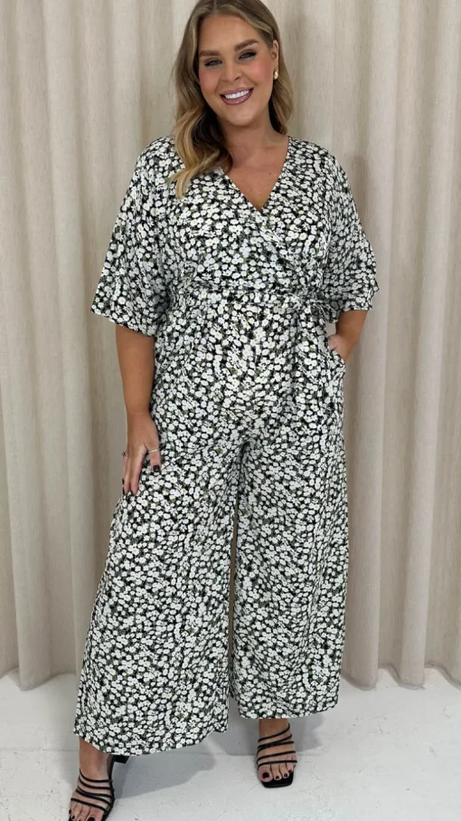 CurveWow Angel Sleeve Wrap Jumpsuit Tie Waist Daisy