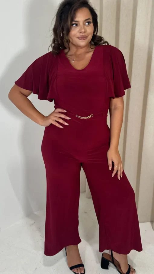 CurveWow Buckle Belt Wideleg Jumpsuit Wine