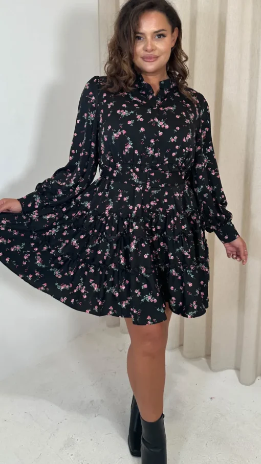 CurveWow Button Front Belted Tiered Midi Dress Black Floral