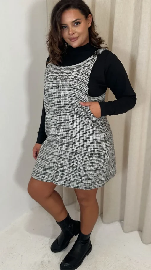 CurveWow Check Pinafore Dress Black & White