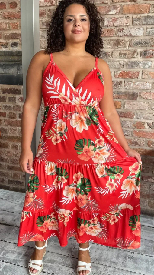 CurveWow Cherry Red Tropical Wrap Bust Maxi Dress