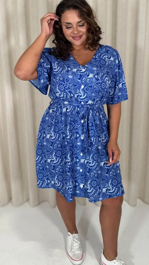 CurveWow Crepe Angel Sleeve Button Down Dress Blue Paisley