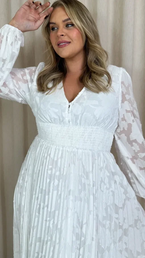 CurveWow Davore V-Neck Pleated Dress White