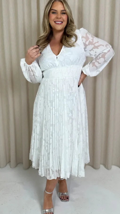 CurveWow Davore V-Neck Pleated Dress White
