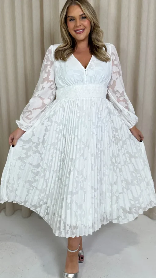 CurveWow Davore V-Neck Pleated Dress White