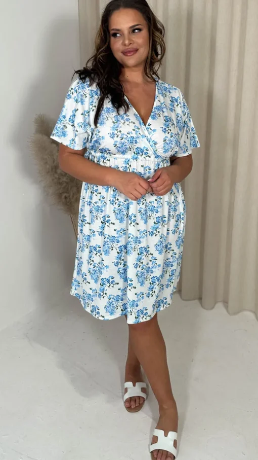 CurveWow Drop Shoulder Wrap Channel Waist Dress Blue Floral