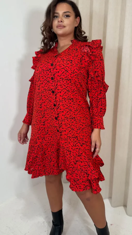 CurveWow Frill Shirt Dress Red Animal