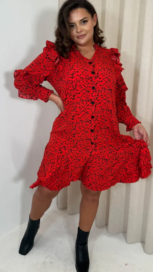 CurveWow Frill Shirt Dress Red Animal