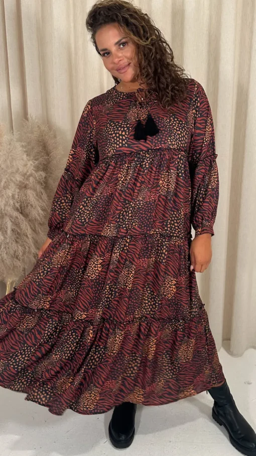 CurveWow Frill Tiered Maxi Dress Rust Mixed Animal