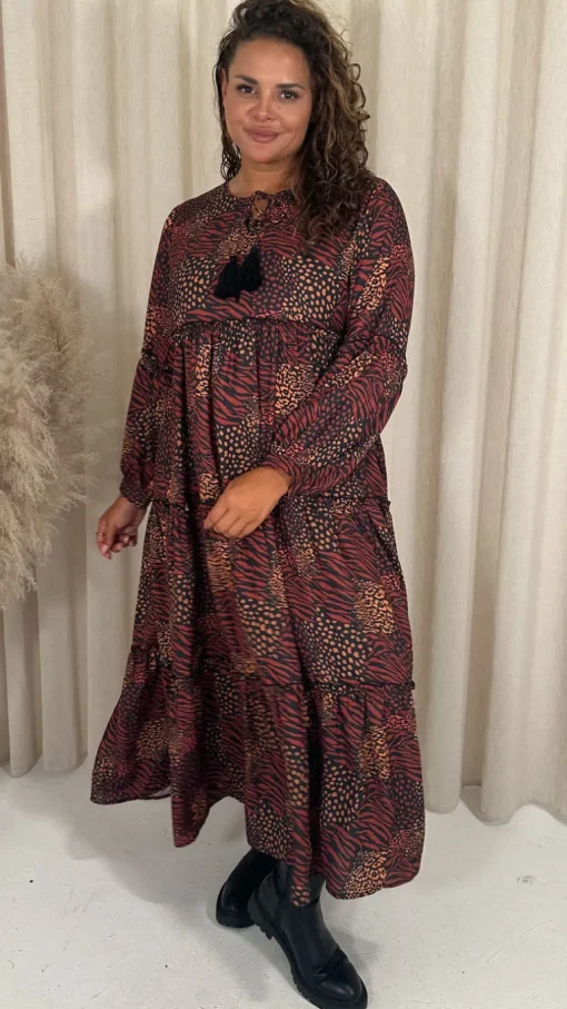 CurveWow Frill Tiered Maxi Dress Rust Mixed Animal