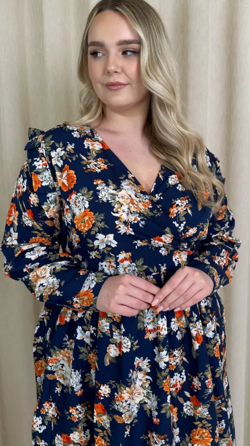 CurveWow Frill Wrap Dress Navy Floral