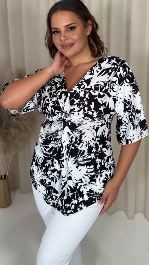 CurveWow Knot Front Drop Shoulder Tunic Top Mono Floral