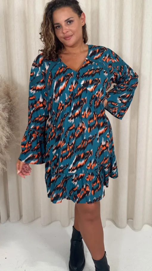 CurveWow Lace Insert V Neck Smock Dress Leopard Print