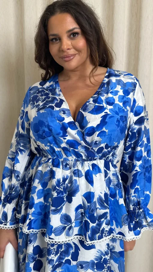 CurveWow Lace Trim Wrap Tiered Dress Blue/White Floral