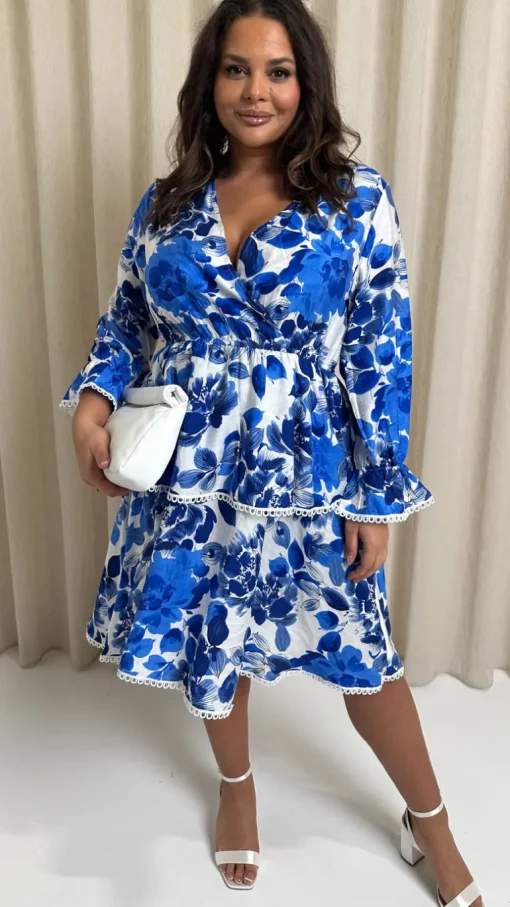 CurveWow Lace Trim Wrap Tiered Dress Blue/White Floral