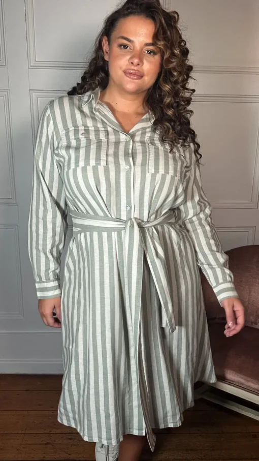 CurveWow Linen Belted Oversized Shirt Dress Green/White Stripe