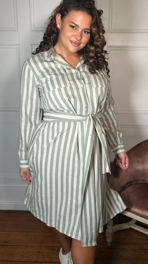 CurveWow Linen Belted Oversized Shirt Dress Green/White Stripe