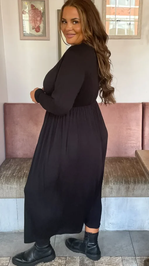CurveWow Long Sleeve Jersey Pocket Midi Dress Black