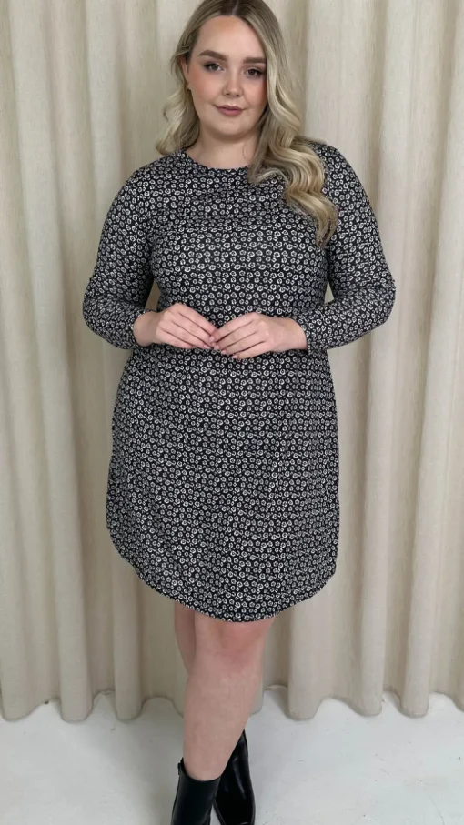 CurveWow Long Sleeve Swing Dress Mono Print