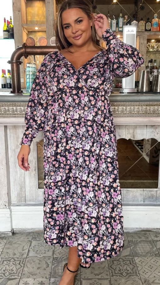 CurveWow Long Sleeve Tie Back Wrap Dress Floral