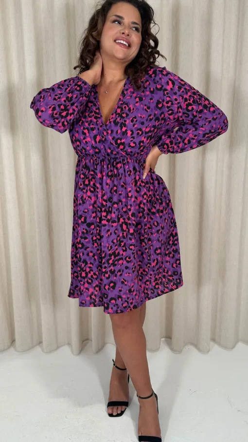 CurveWow Long Sleeve Wrap Mini Dress Purple Animal