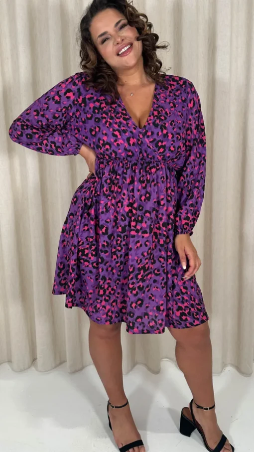 CurveWow Long Sleeve Wrap Mini Dress Purple Animal