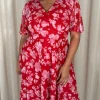 CurveWow Mesh Angel Sleeve Dress Red/Pink
