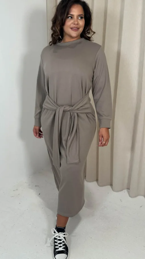 CurveWow Midi Jumper Dress With Tie Waist Beige