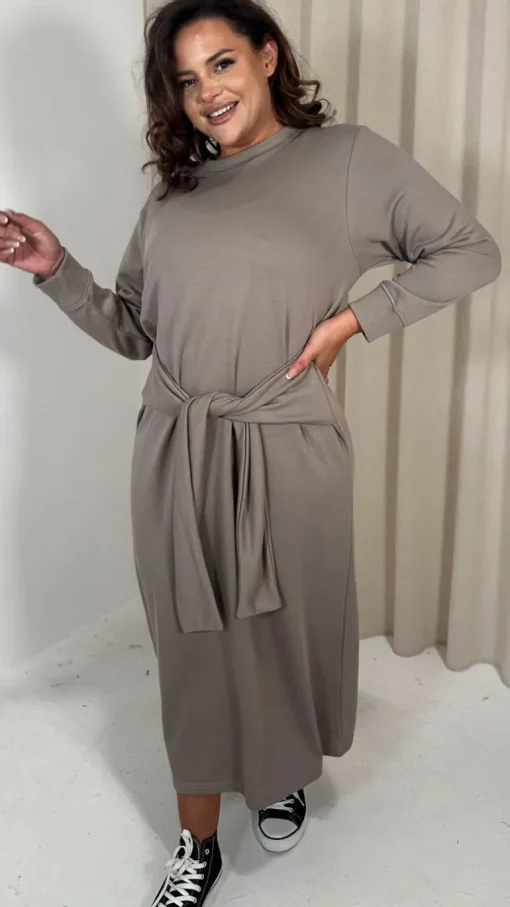 CurveWow Midi Jumper Dress With Tie Waist Beige