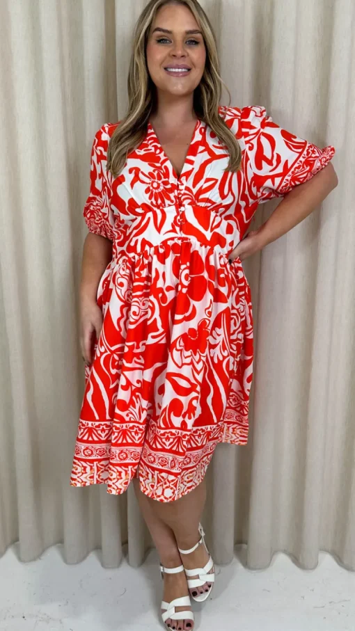 CurveWow Midi Smock Dress Red Tile