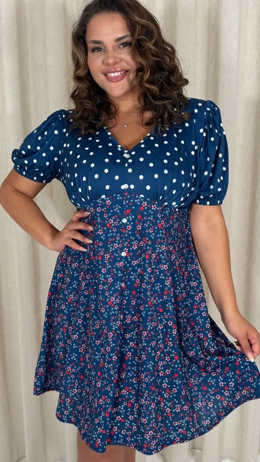 CurveWow Mock Button Mix Match Print Skater Dress Navy Mix