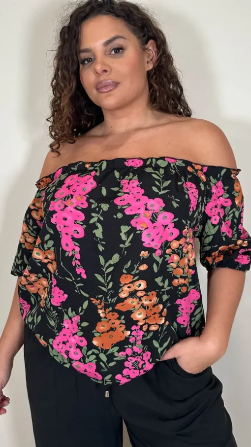 CurveWow Printed Bardot Top Black Floral
