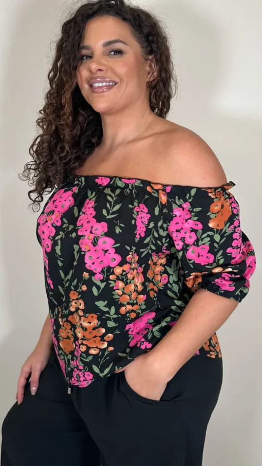 CurveWow Printed Bardot Top Black Floral