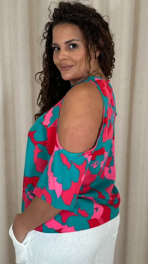 CurveWow  Printed Keyhole Cold Shoulder Top Teal