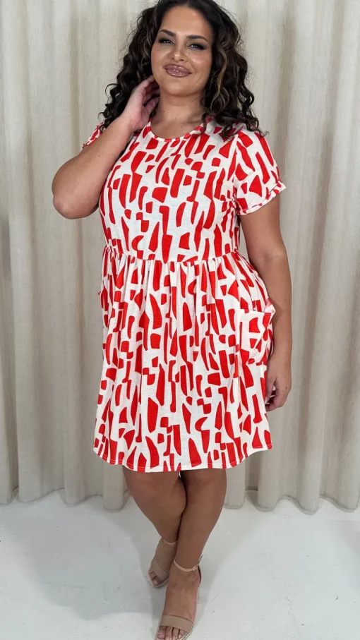 CurveWow Printed Pocket Smock Dress Orange Spot