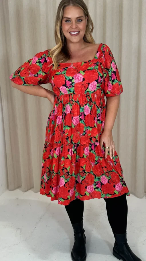 CurveWow Printed Puff Sleeve Dress Floral