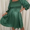 CurveWow Printed Satin Shirred Top Mini Dress Forest Green