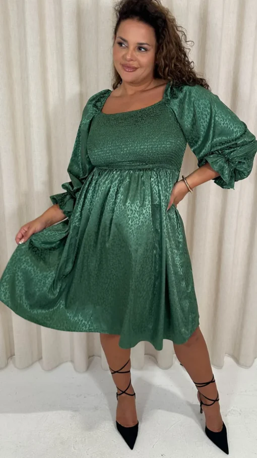 CurveWow Printed Satin Shirred Top Mini Dress Forest Green