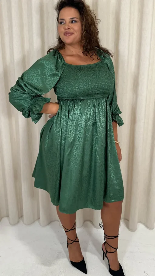 CurveWow Printed Satin Shirred Top Mini Dress Forest Green