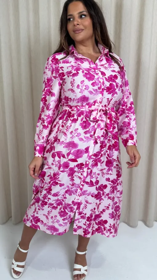 CurveWow Printed Shirt Midaxi Dress Pink Floral