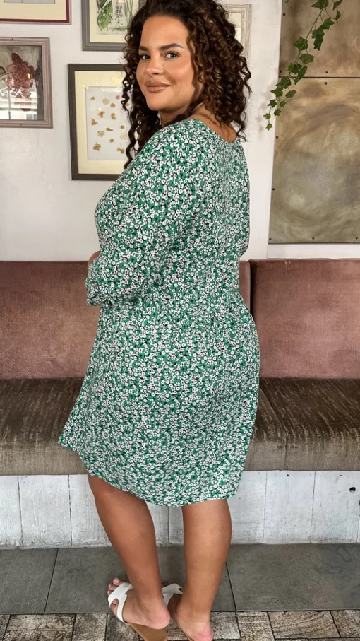 CurveWow Printed Smock Mini Dress Green Ditsy