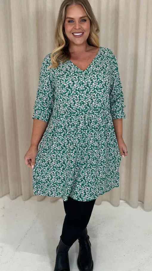 CurveWow Printed Smock Mini Dress Green Ditsy