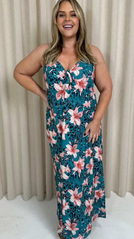 CurveWow Printed Tie Front Maxi Dress Teal Animal Floral