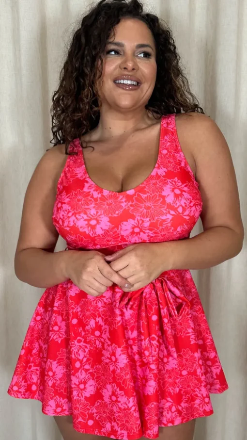 CurveWow Printed Tie Waist Swimdress Red Floral